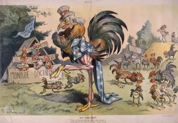 Caricatura de 1901 con la leyenda "Europa: ¡No eres el único gallo en Sudamérica! Tío Sam: ¡Lo sabía cuando te encerré!". 