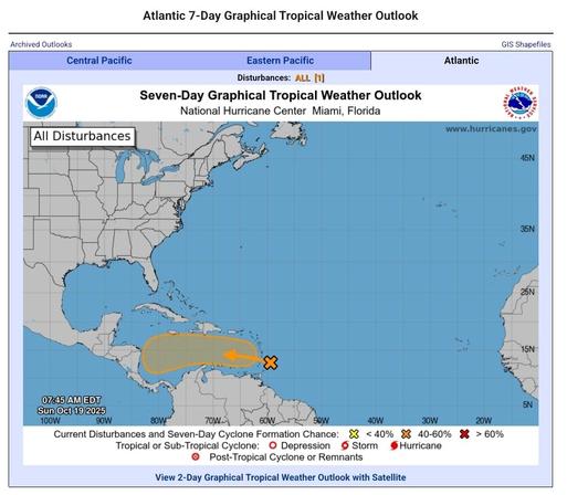 Map from US National Hurricane Center showing a low pressure system that may become a tropical storm going towards Central America.


Tropical Weather Outlook
NWS National Hurricane Center Miami FL
800 AM EDT Sun Oct 19 2025

For the North Atlantic...Caribbean Sea and the Gulf of America:

1. Near the Windward Islands and the Caribbean Sea (AL98):
A tropical wave currently located near the Windward Islands is 
producing a large area of showers and thunderstorms. Heavy rainfall 
and gusty winds …