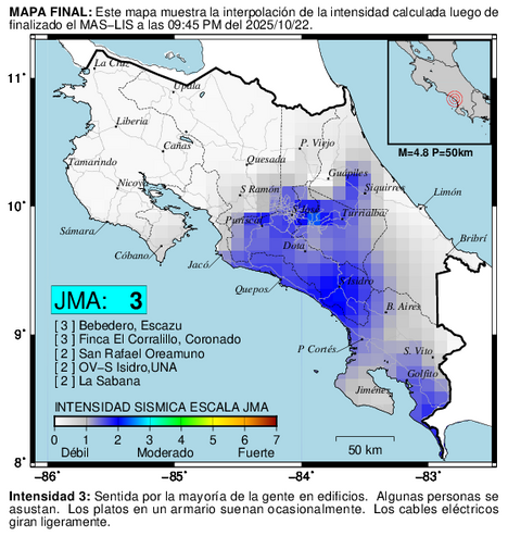 Mapa de intensidad de temblor pronLIS-UCR, epicentro parece venir de alrededor de Uvita