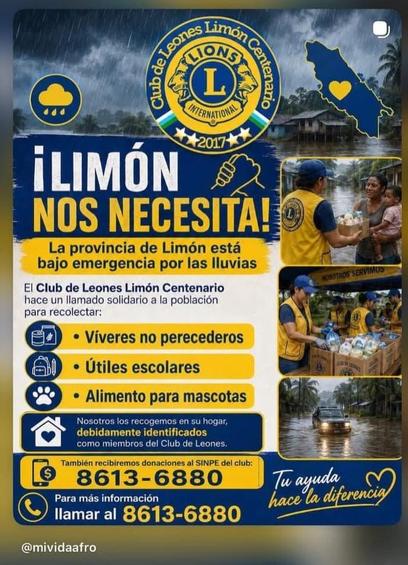 Afiche del Club de Leones Limón Centenario (Limón, Costa Rica) que hace un llamado a ayudar a las familias afectadas por las lluvias en Limón del inicio de julio 2026, piden donar víveres no perecederos, útiles escolares, alimentos para mascotas y donaciones en dinero vía SINPE Móvil al número 8613-6880 
