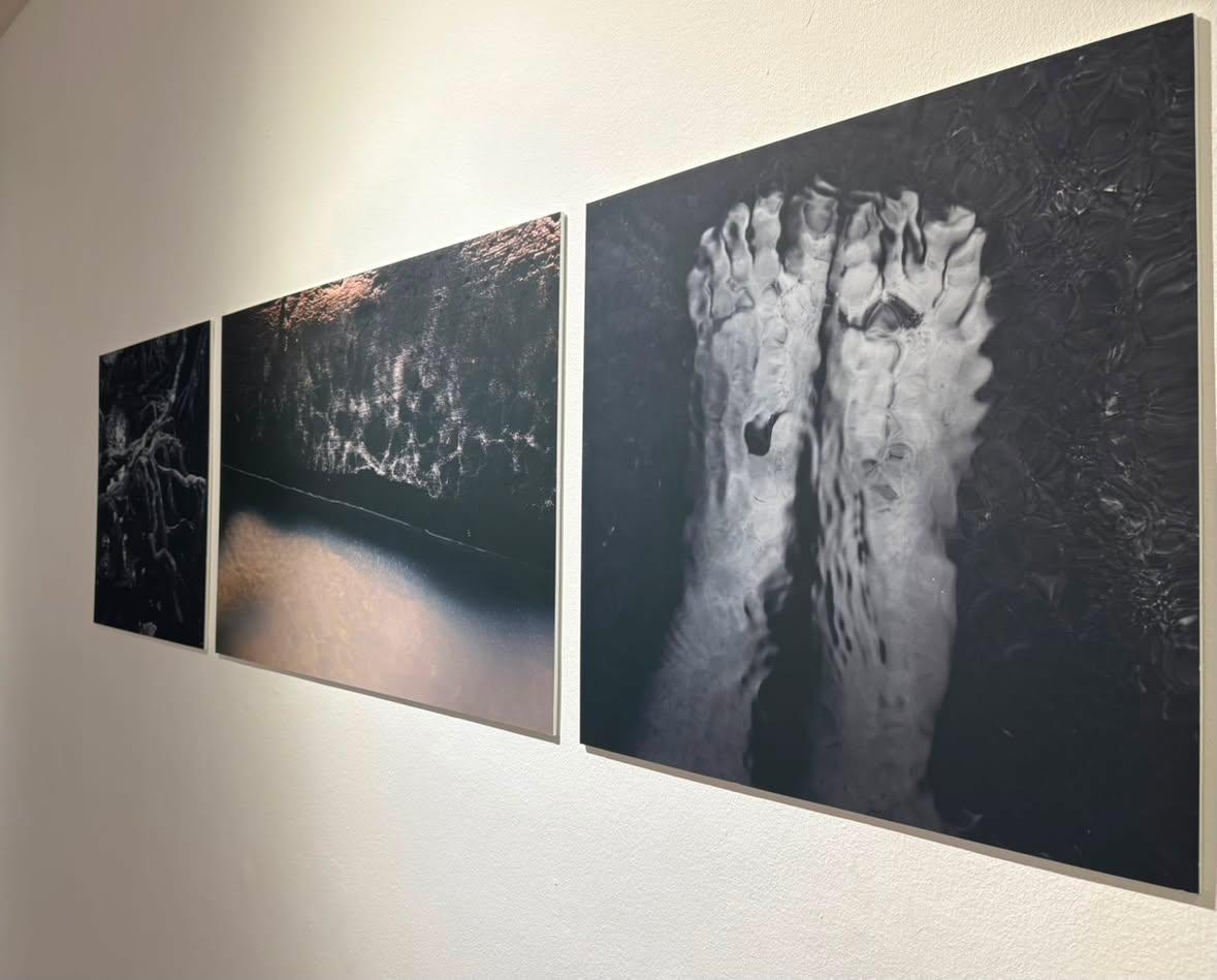Closer view of the same three photos. Closer one in black and white depicts a couple of small feet underwater as seen under moving water small fish turn into shapes that resemble ink stains.